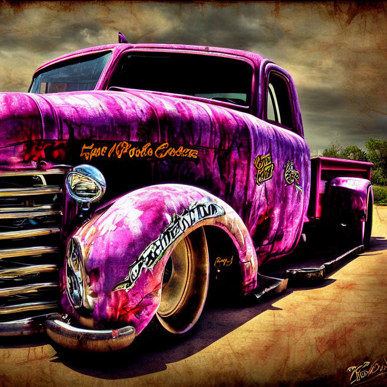 Vintage Purple Truck with Custom Graphics under Dramatic Sky