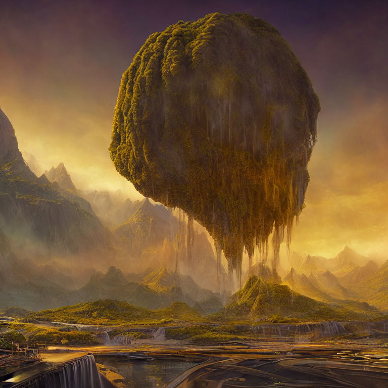 Fantastical floating island above mystical mountain landscape