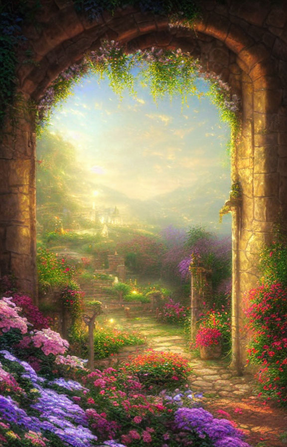 Serene garden scene through stone archway with sunlight and vibrant flowers