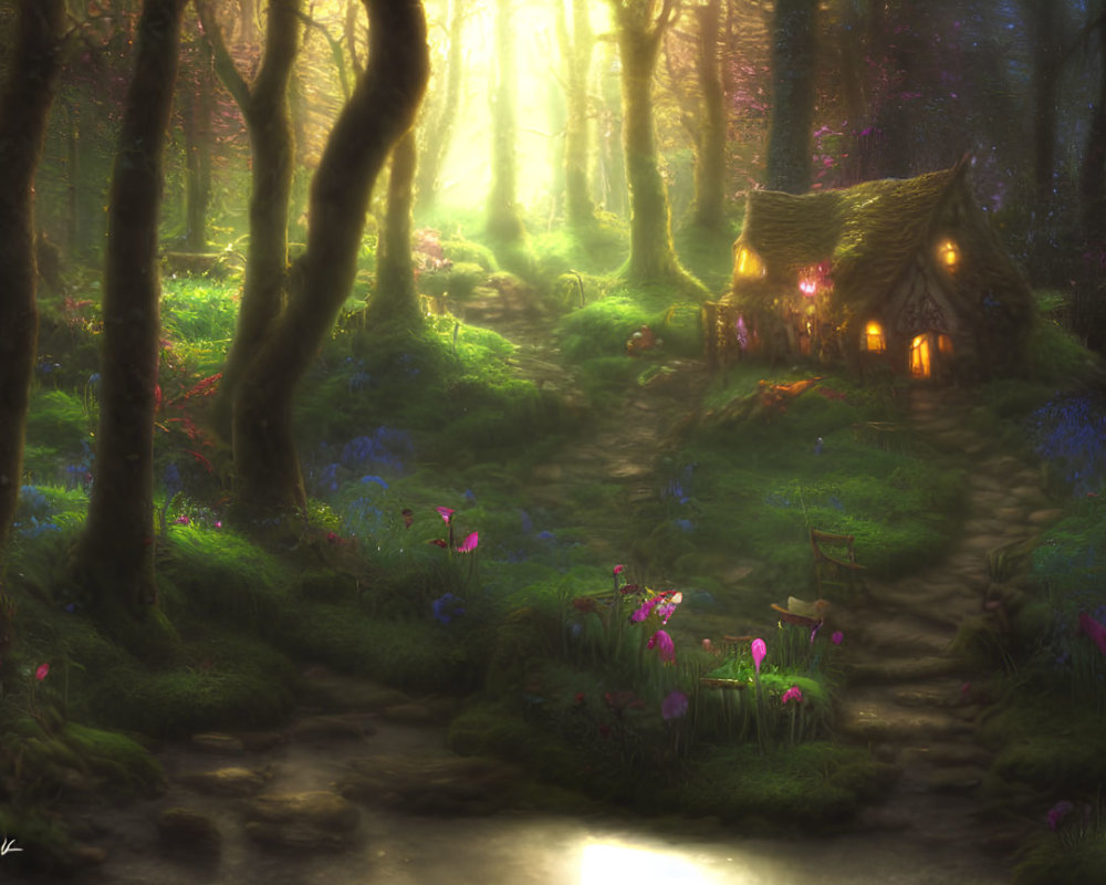 Whimsical cottage in enchanted forest with sunbeams, flowers, and glowing house