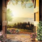 Serene garden scene through stone archway with sunlight and vibrant flowers