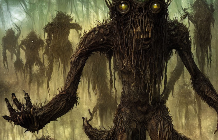 Misty forest scene: Ominous tree-like creatures with glowing eyes