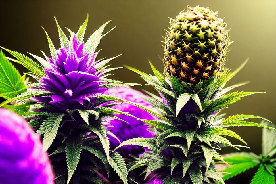 Purple Cannabis Plants with Pineapple-Like Bud on Green Background