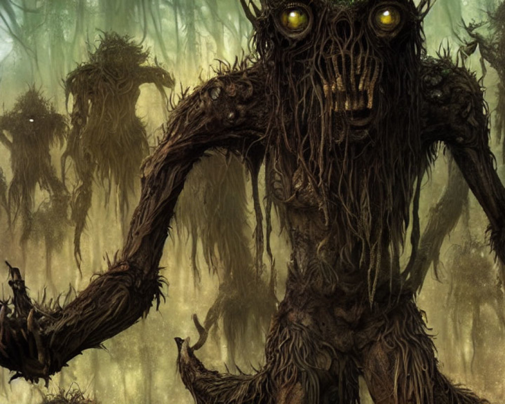 Misty forest scene: Ominous tree-like creatures with glowing eyes