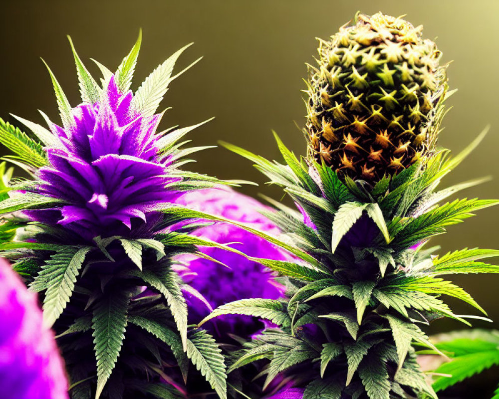 Purple Cannabis Plants with Pineapple-Like Bud on Green Background