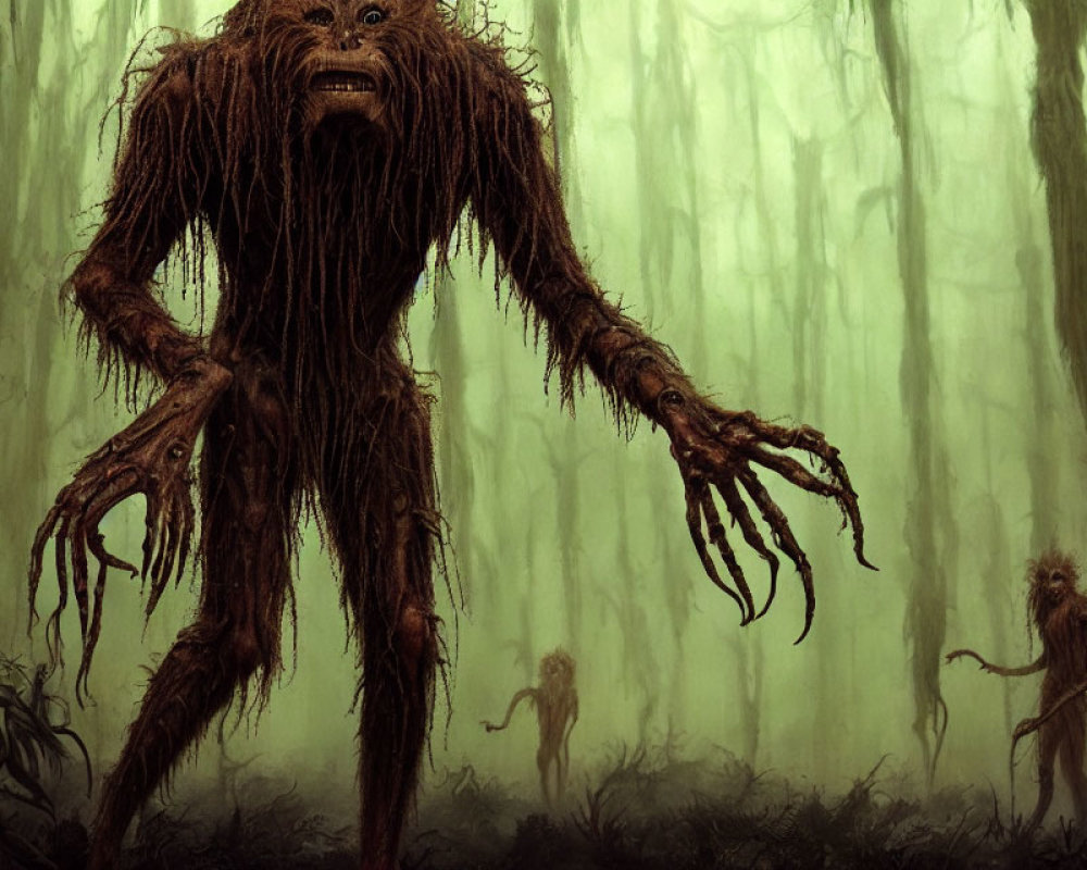 Elongated Limbed Creature in Misty Forest with Tree Root Body