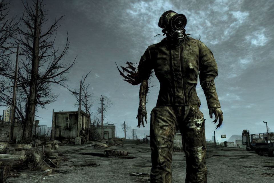Desolate post-apocalyptic landscape with figure in gas mask and tattered clothing