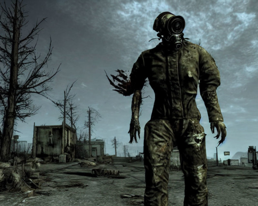 Desolate post-apocalyptic landscape with figure in gas mask and tattered clothing