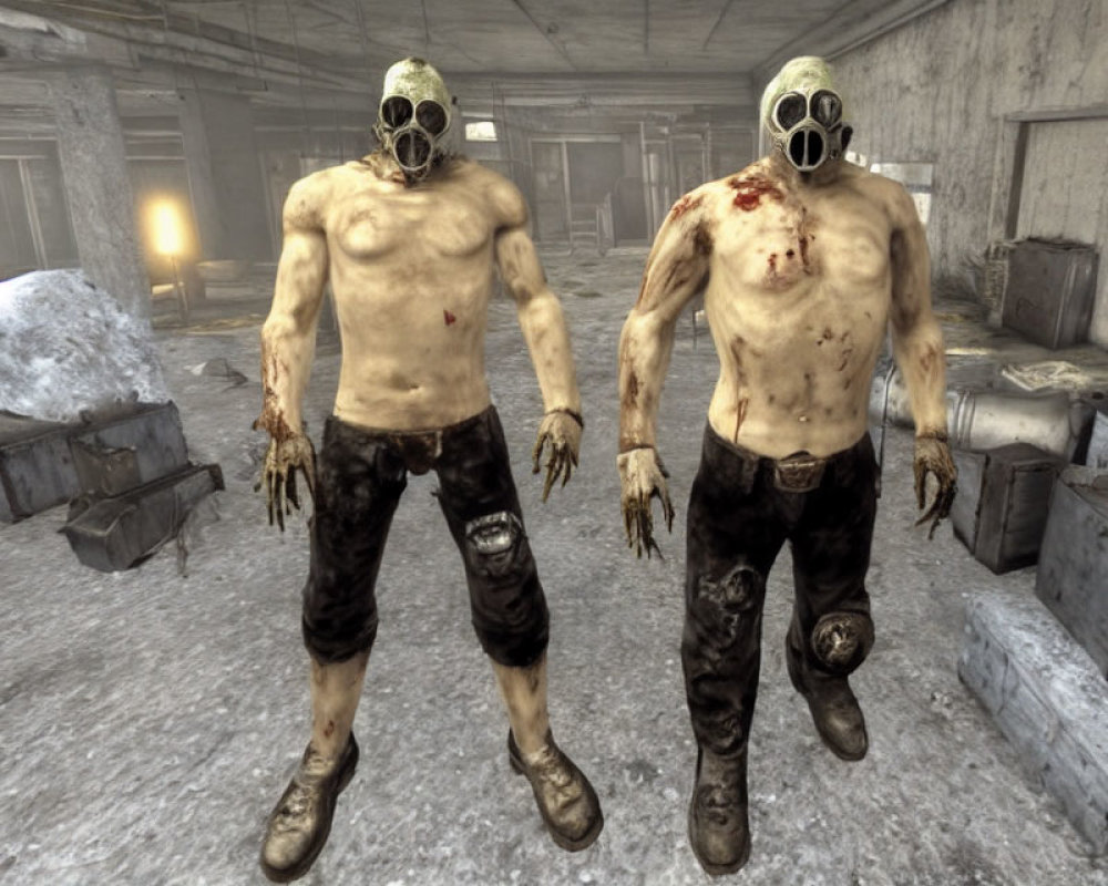 Muscle-bound figures in gas masks in dilapidated building with debris