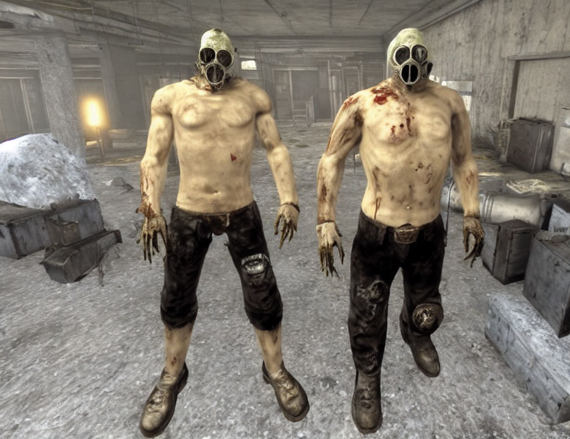 Muscle-bound figures in gas masks in dilapidated building with debris