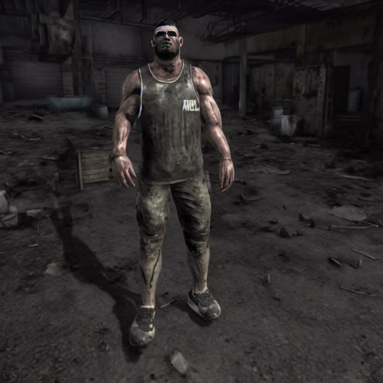 Muscular man in tank top and trousers in dimly lit, debris-filled room