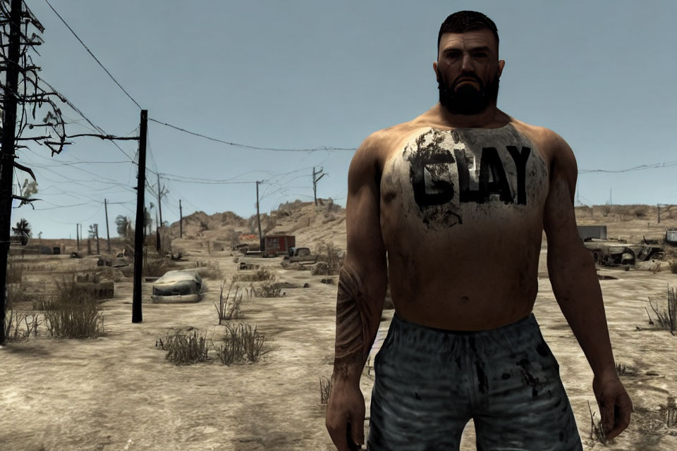 Muscular man with beard in tank top in desolate wasteland with power lines and cars