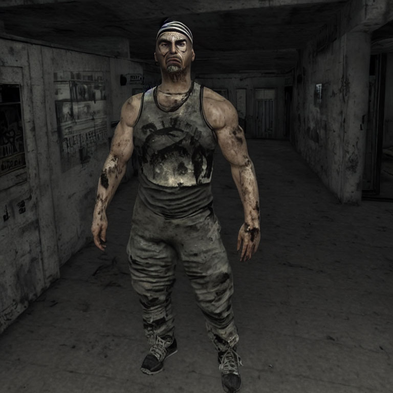 Muscular man in tank top and cargo pants in grimy corridor