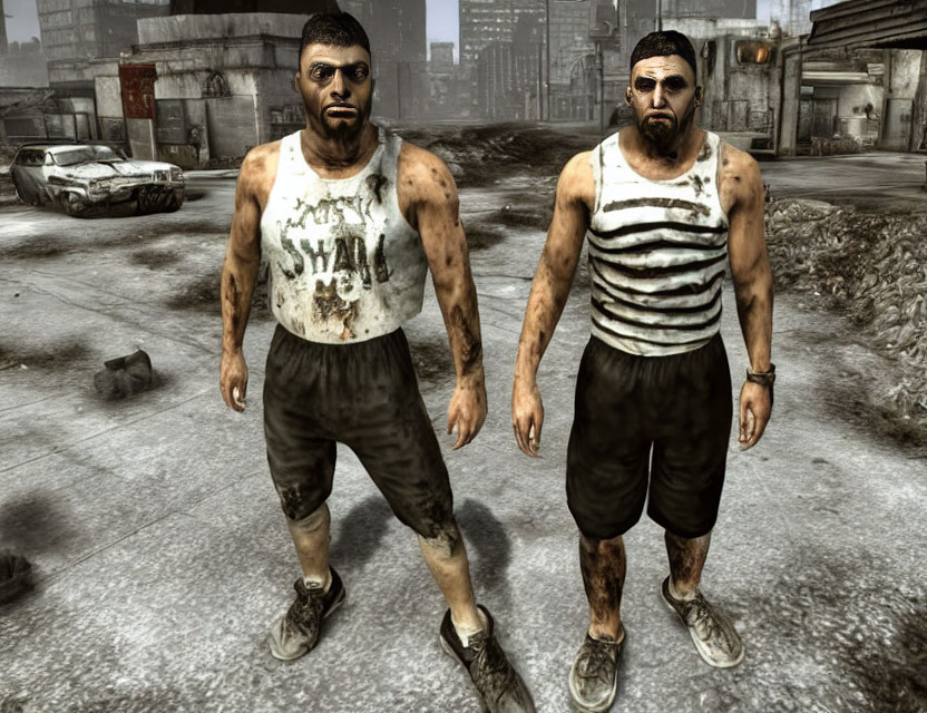 Bearded video game characters in urban setting with tank tops