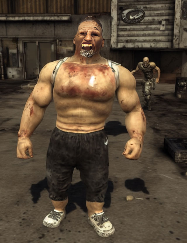 Muscular, Bruised Video Game Character with Bald Head and Goatee in Industrial Setting