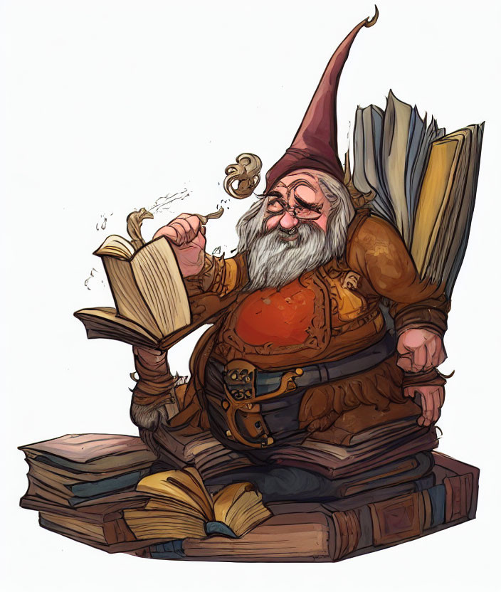 Cheerful gnome with glasses on books holding quill, wearing pointed hat