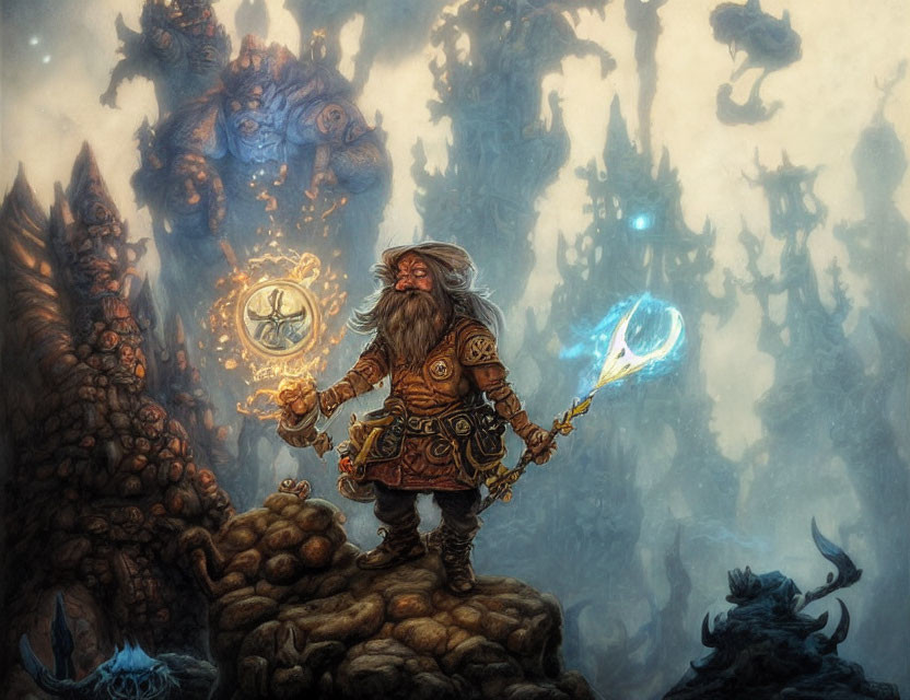 Fantasy dwarf with staff on rocky terrain with blue creature and ethereal shapes