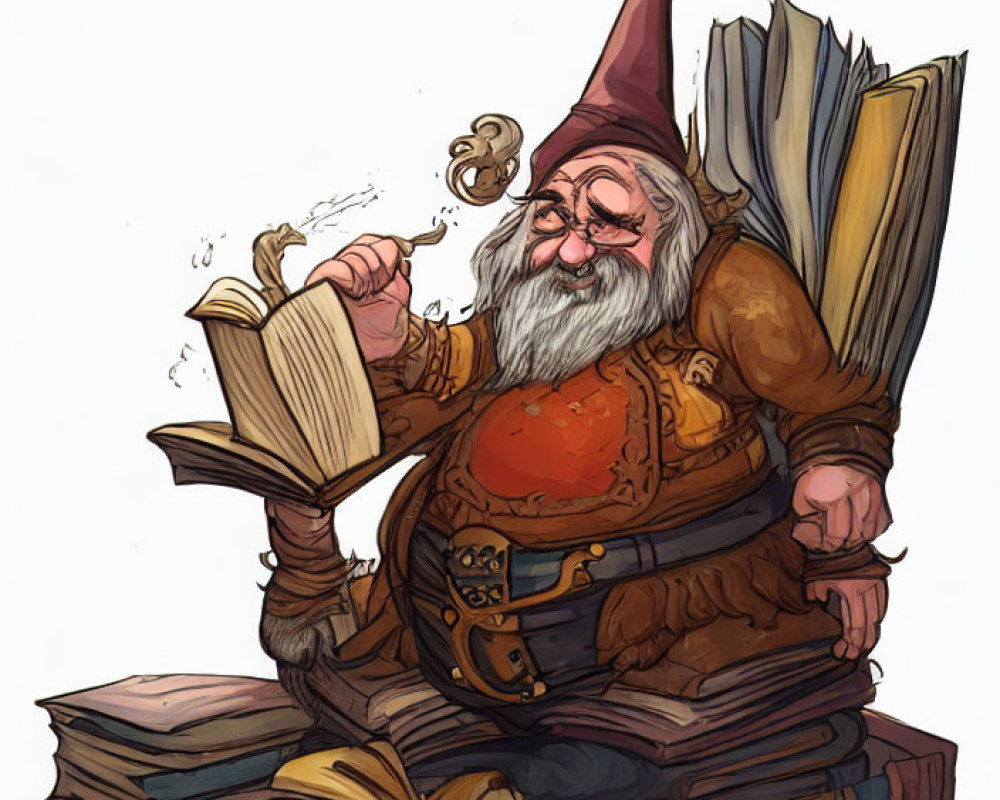 Cheerful gnome with glasses on books holding quill, wearing pointed hat