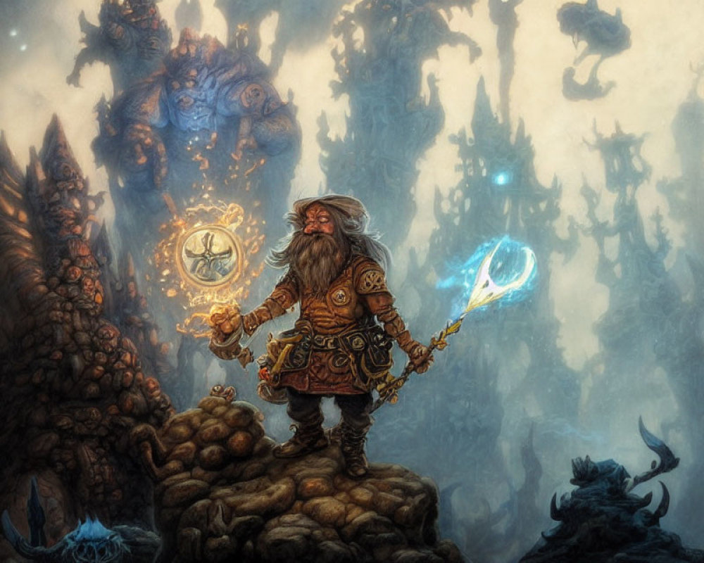 Fantasy dwarf with staff on rocky terrain with blue creature and ethereal shapes