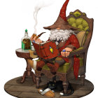 Cheerful gnome with glasses on books holding quill, wearing pointed hat