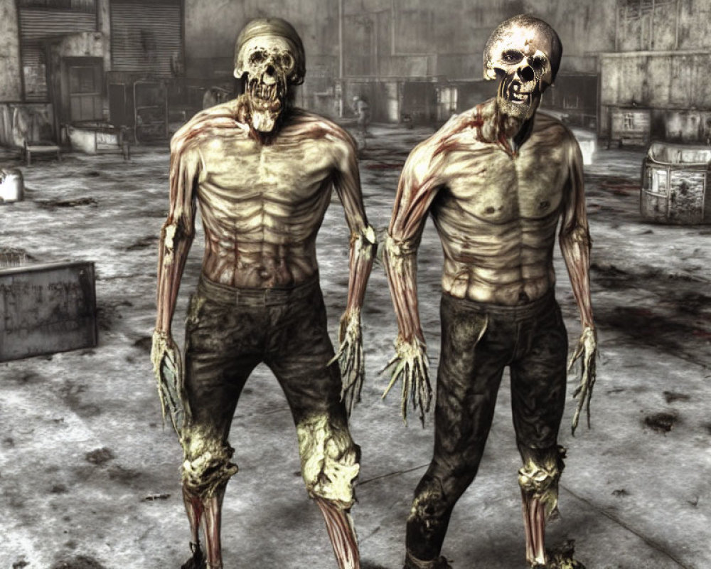 Decaying zombie-like creatures in industrial setting