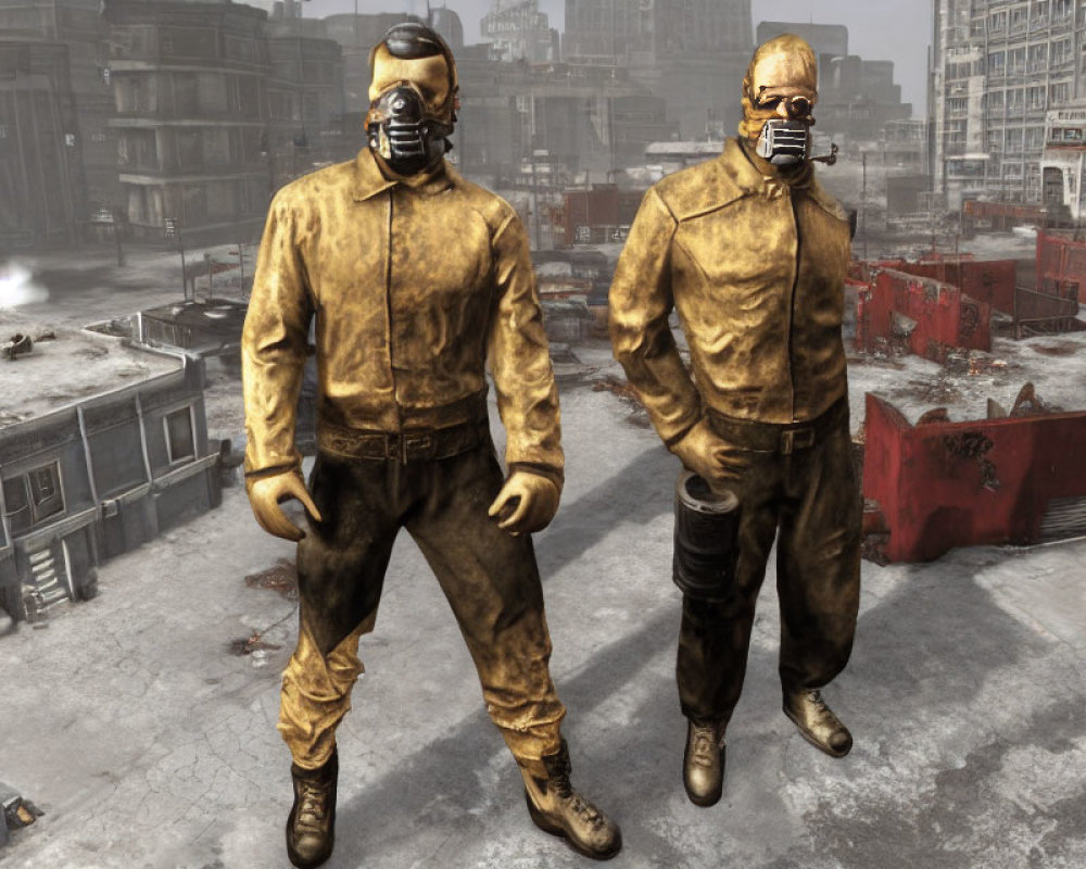 Post-apocalyptic urban scene with two characters in yellow hazmat suits and gas masks