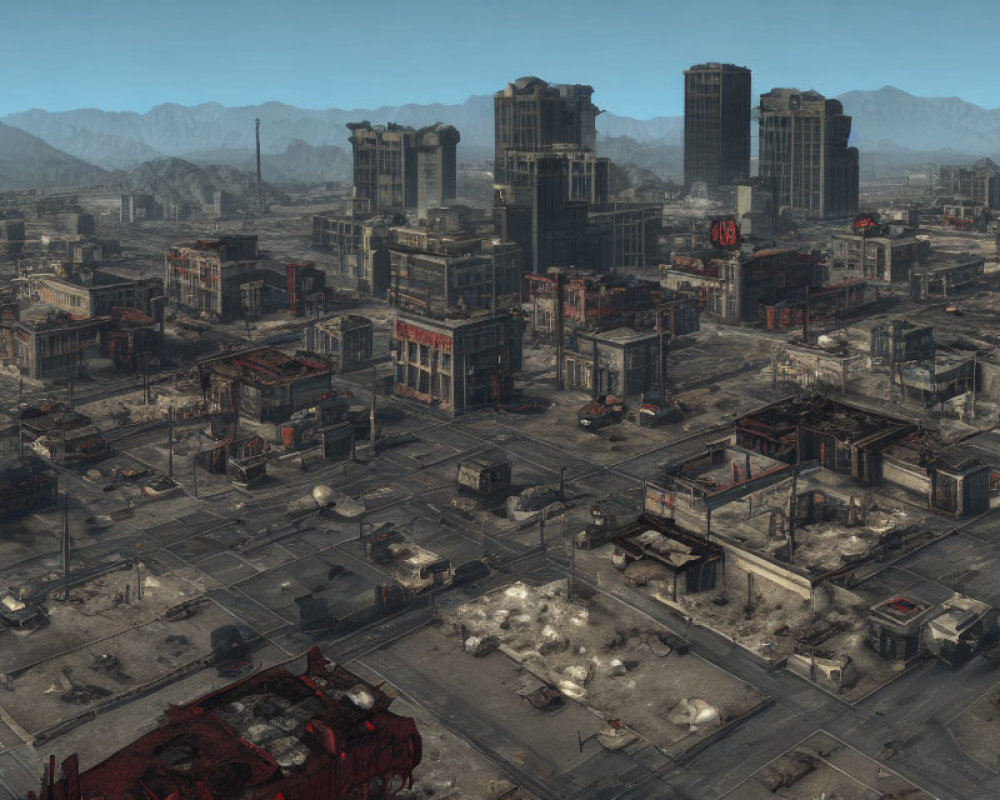 Desolate post-apocalyptic cityscape with abandoned buildings and vehicles