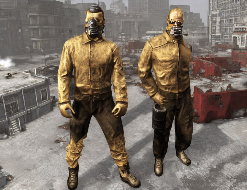 Post-apocalyptic urban scene with two characters in yellow hazmat suits and gas masks