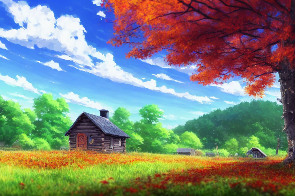 Vibrant orange tree and wooden cabin in lush meadow