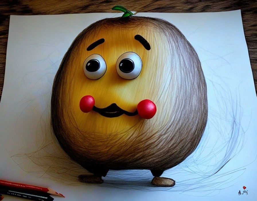 Whimsical anthropomorphic fruit illustration with round body, hair, eyes, nose, and mustache