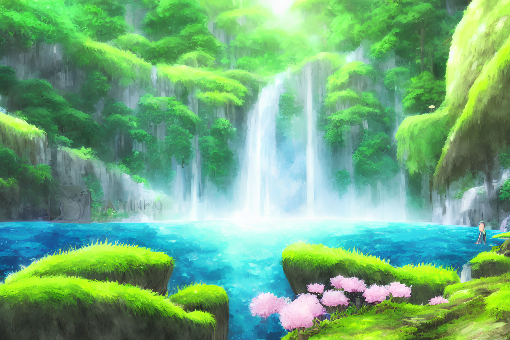 Tranquil waterfalls in lush greenery with pink flowers and figure