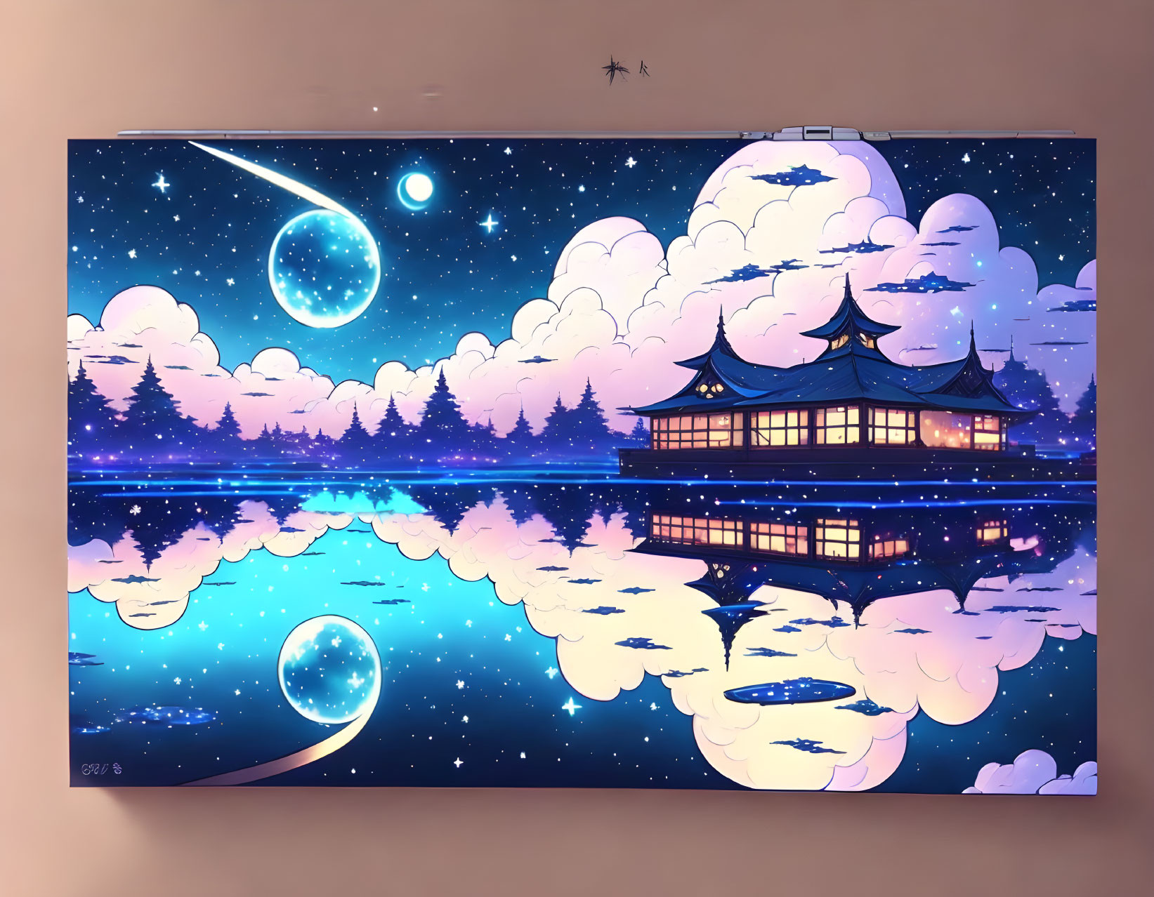 Digital art: Traditional house by reflective lake under starry sky