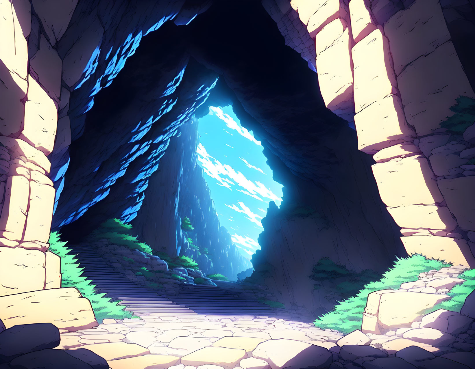 Brightly lit cave opening with stone staircase to forest under blue sky