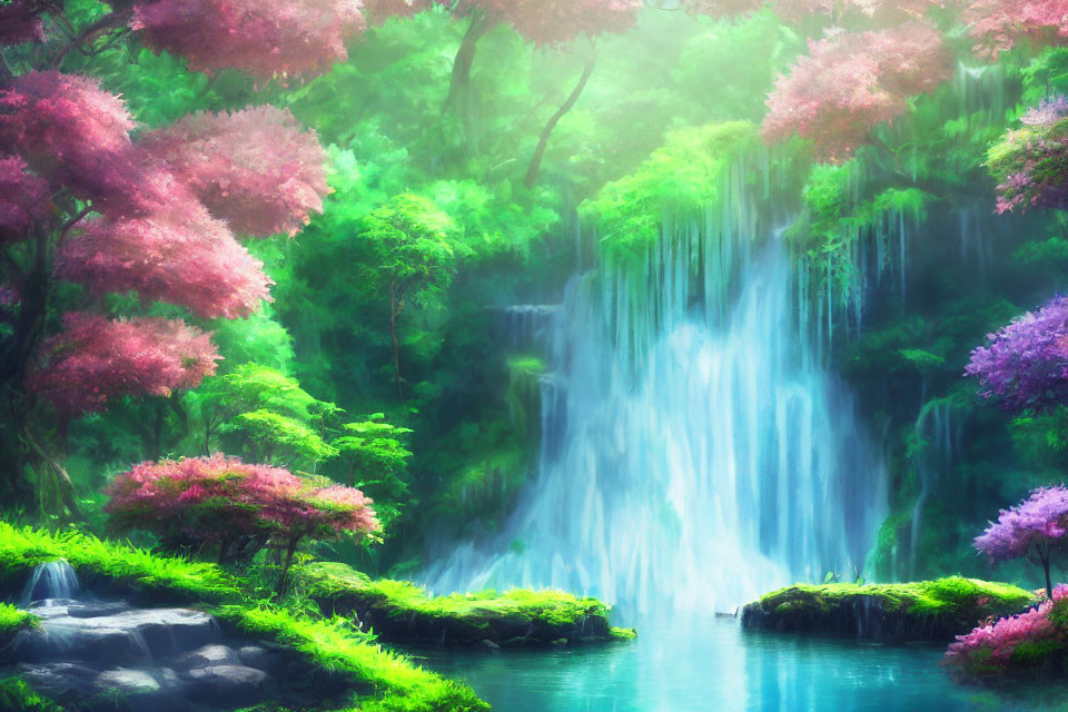 Tranquil waterfall surrounded by cherry blossoms and lush greenery