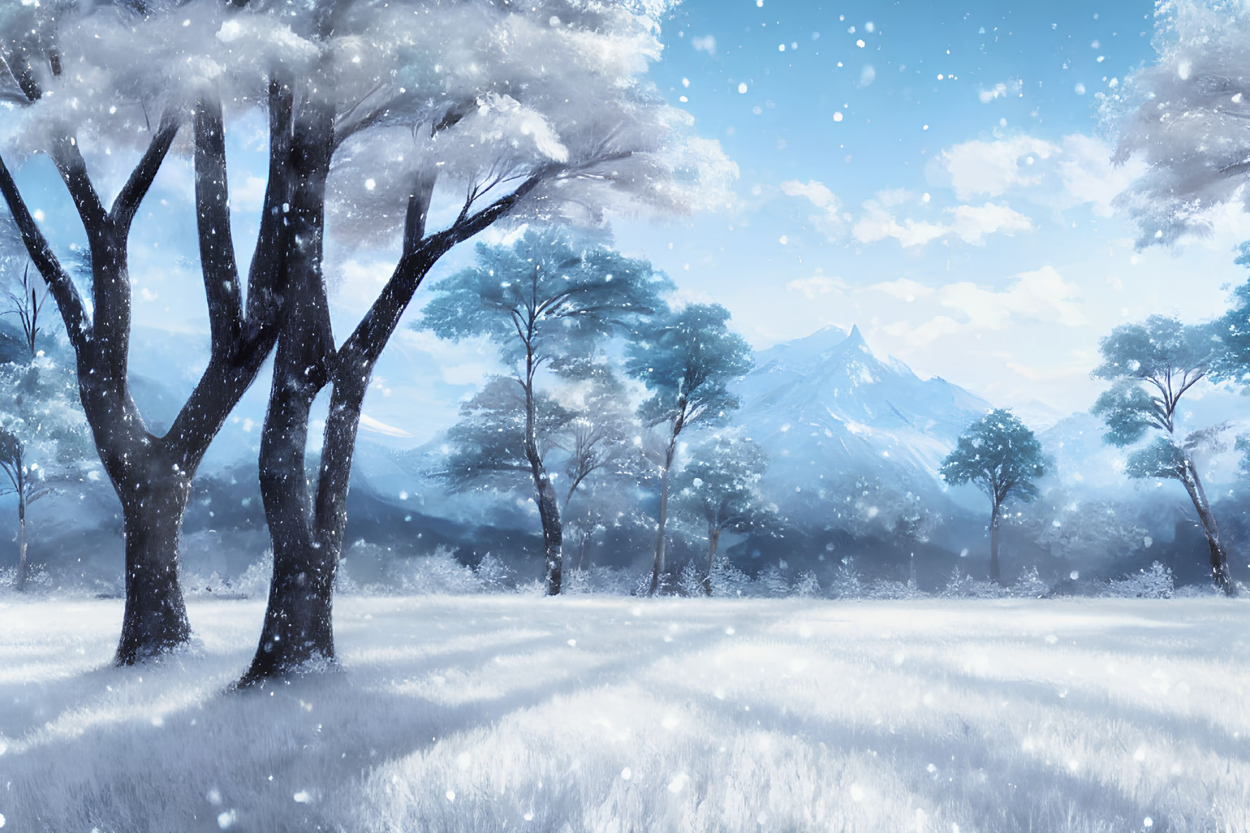 Snow-covered trees and field in serene winter landscape with distant mountain and gentle snowfall