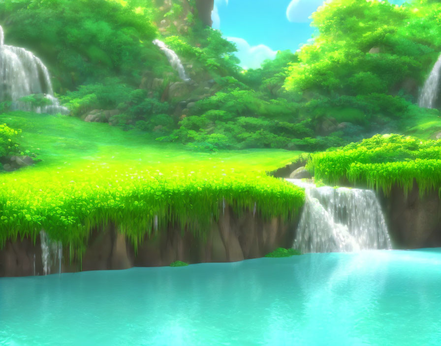 Tranquil animated waterfall scene with lush greenery