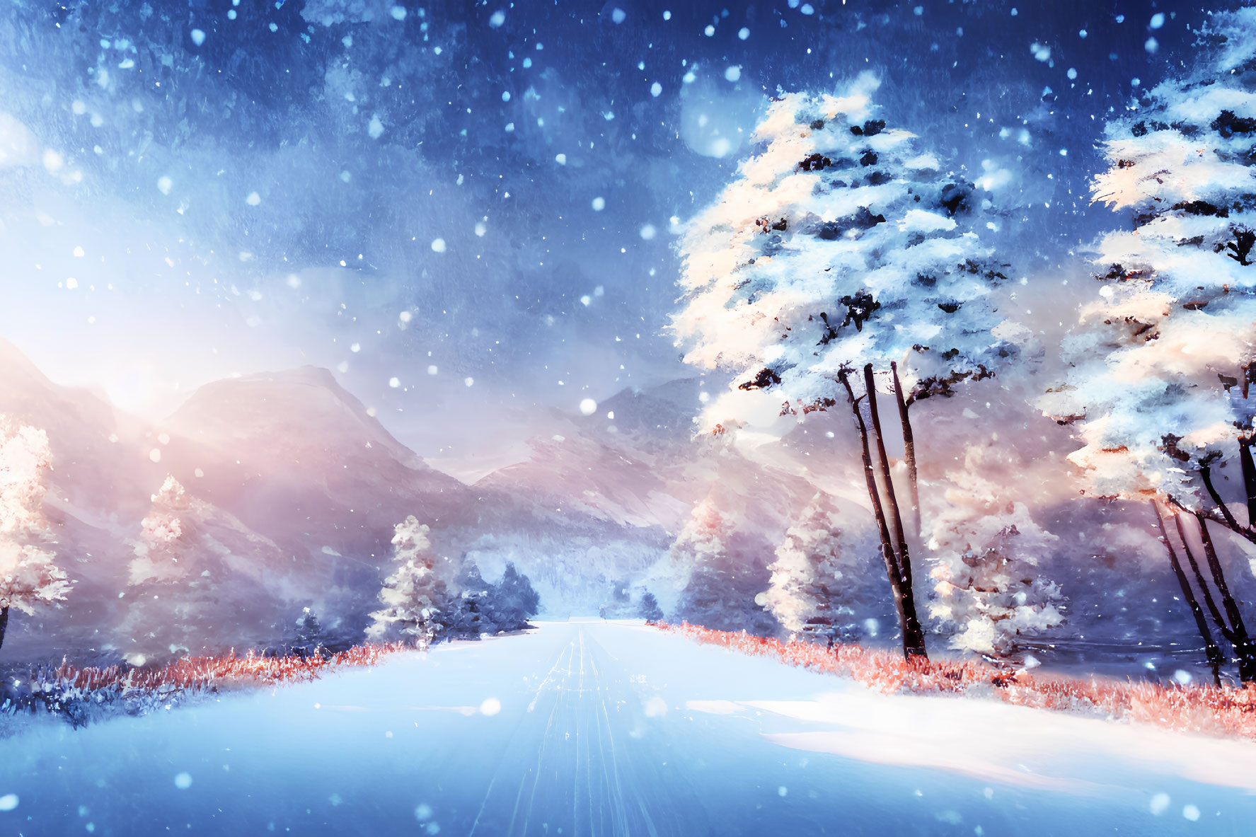 Snowy Landscape with Snow-Covered Trees and Road Towards Distant Mountains