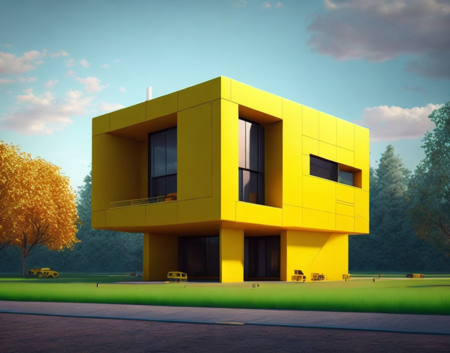 Bright Yellow Modern House with Large Windows in Green Environment