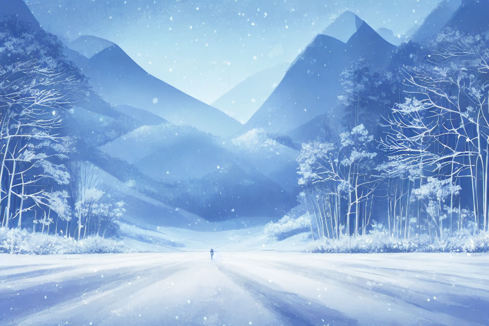 Solitary figure on snowy road in serene wintry landscape