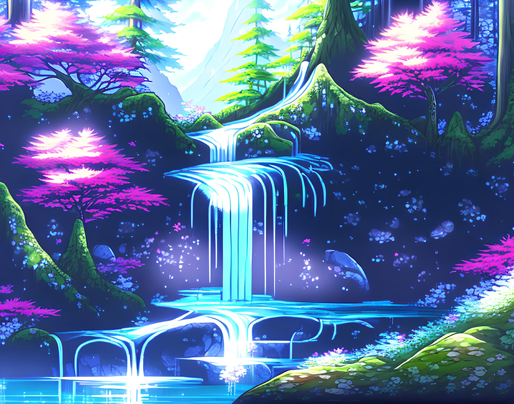 Vibrant pink trees in digital artwork of magical waterfall