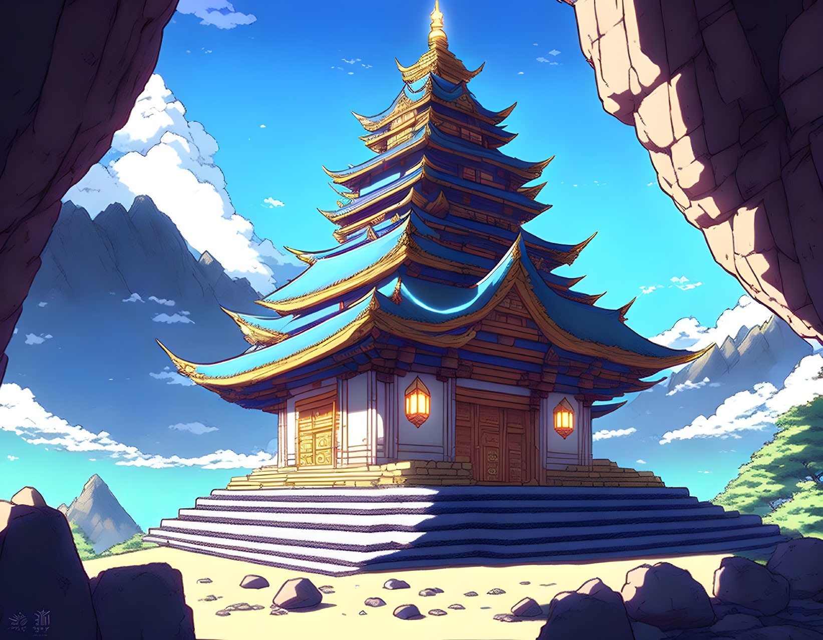 Majestic multi-tiered pagoda with blue roofs in rocky cliff setting