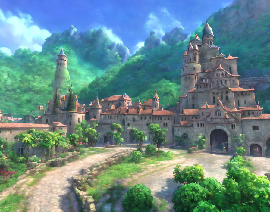 Medieval Fantasy Village with Cobblestone Paths and Multi-Towered Castle