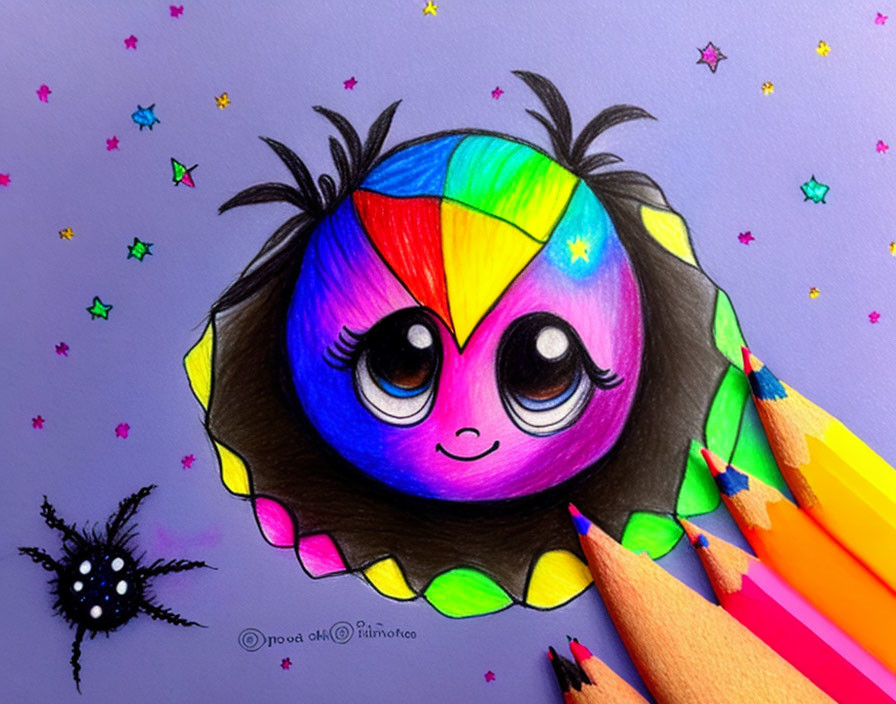 Vibrant cartoon spider with rainbow patterns and large eyes on purple background