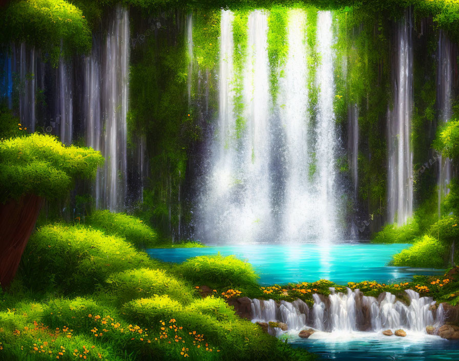 Tranquil waterfall in lush greenery with sunlight and blue pond.