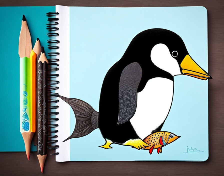 Penguin with Fish Illustration on Sketchbook with Colored Pencils