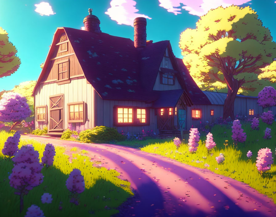 Charming two-story cottage surrounded by purple flora at sunset