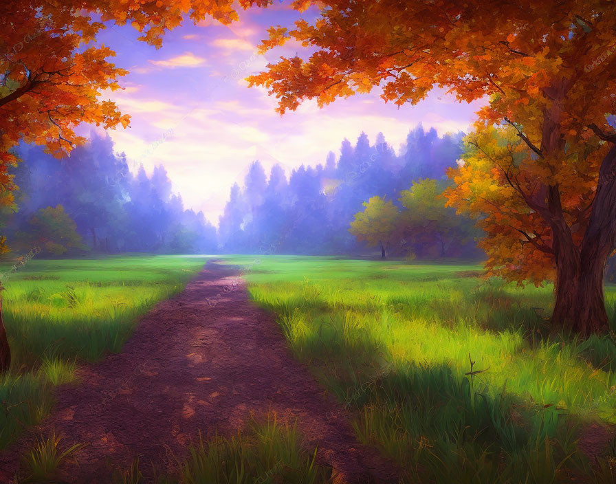 Tranquil Path Through Verdant Meadow and Autumn Trees