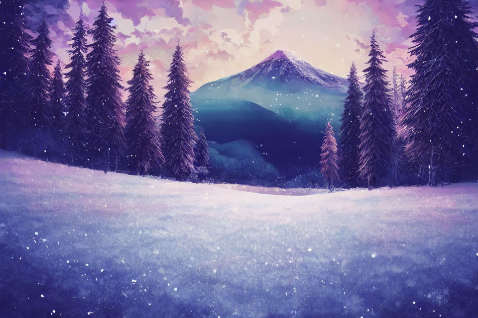 Snowy Dusk Landscape: Evergreen Trees, Mountain, Purple Sky