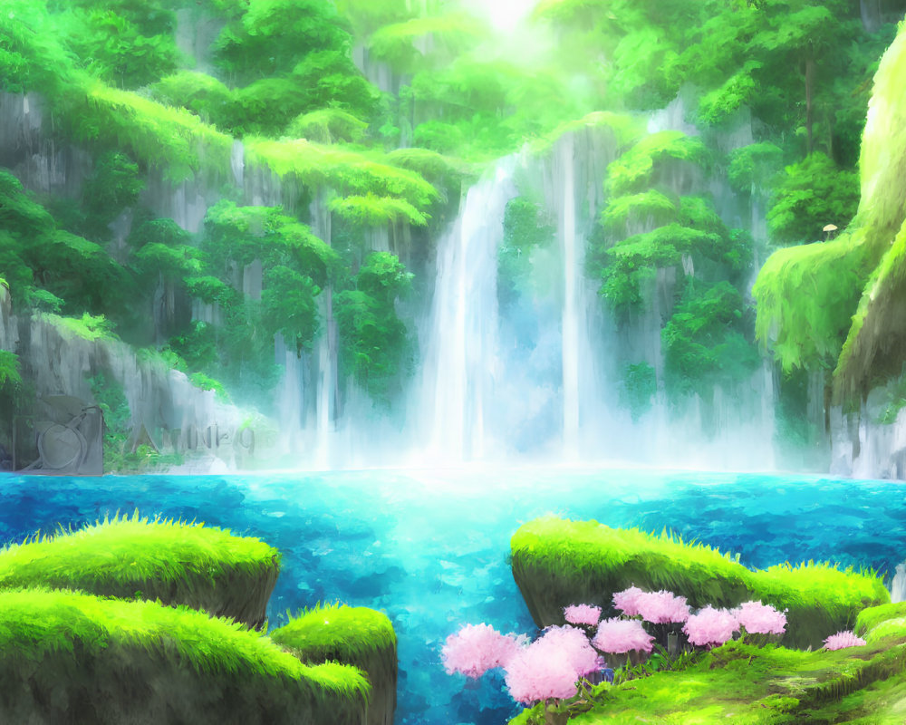 Tranquil waterfalls in lush greenery with pink flowers and figure