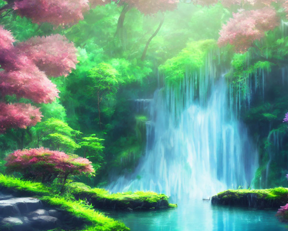 Tranquil waterfall surrounded by cherry blossoms and lush greenery